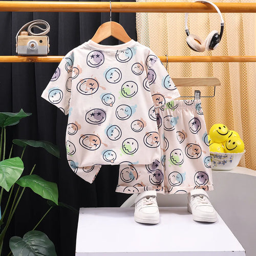 Boys Beige Smiley World Graphics T-Shirt With Elasticated Shorts Sets 2 pc. Sets
