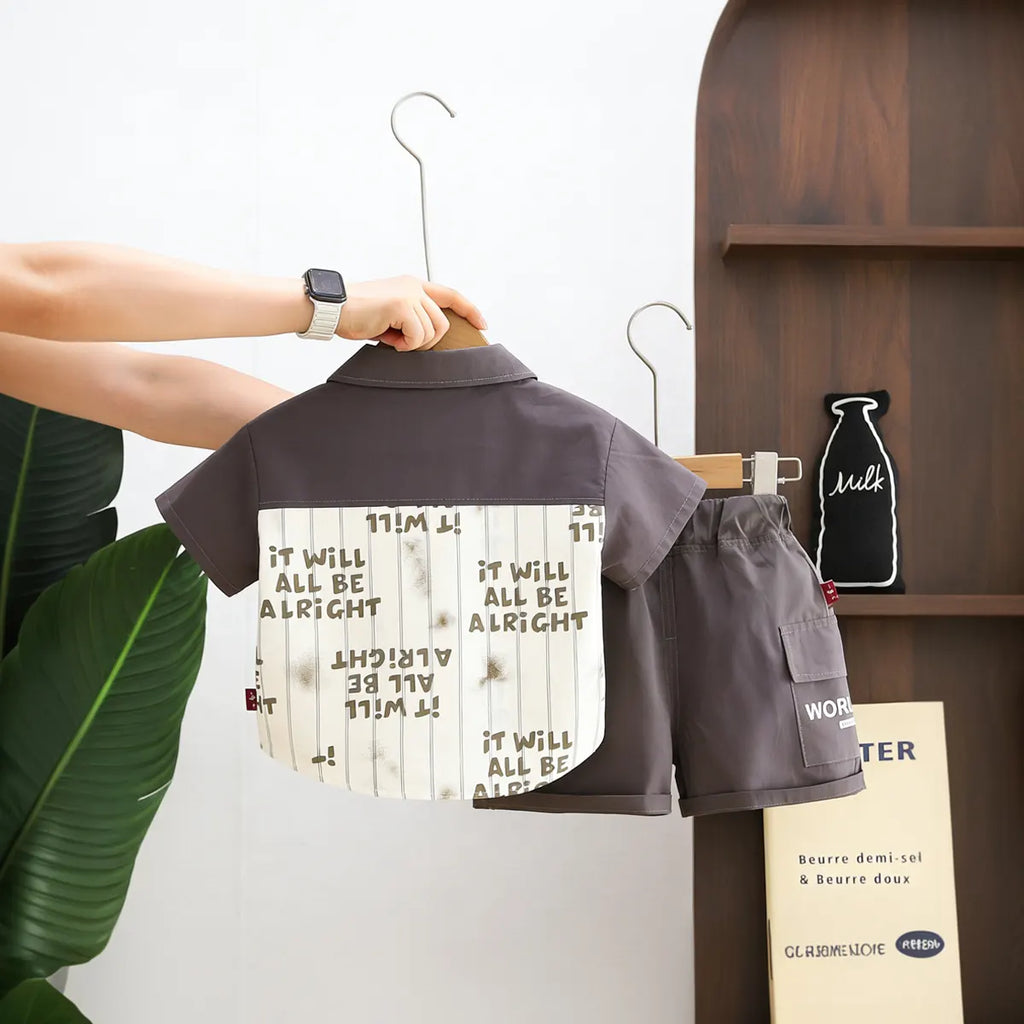 Boys Dark Grey Typographic Print Shirt With T-Shirt & Shorts Set Sets
