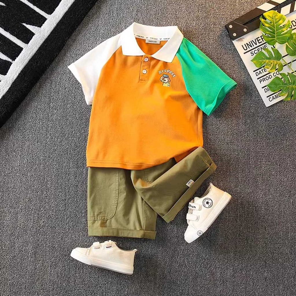 Boys Colorblocked Raglan Sleeve T-Shirt With Shorts Set