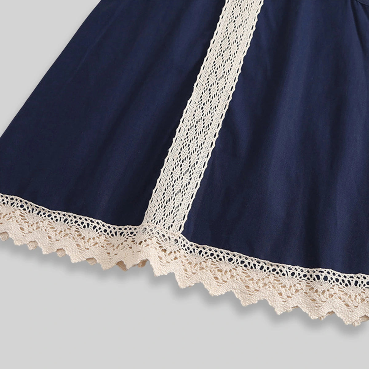 Girls Navy Blue Lace Detailed Peter Pan Collar A-Line Dress Casual Dresses