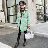 Girls Light Green Solid Puffer Hooded Down Jacket