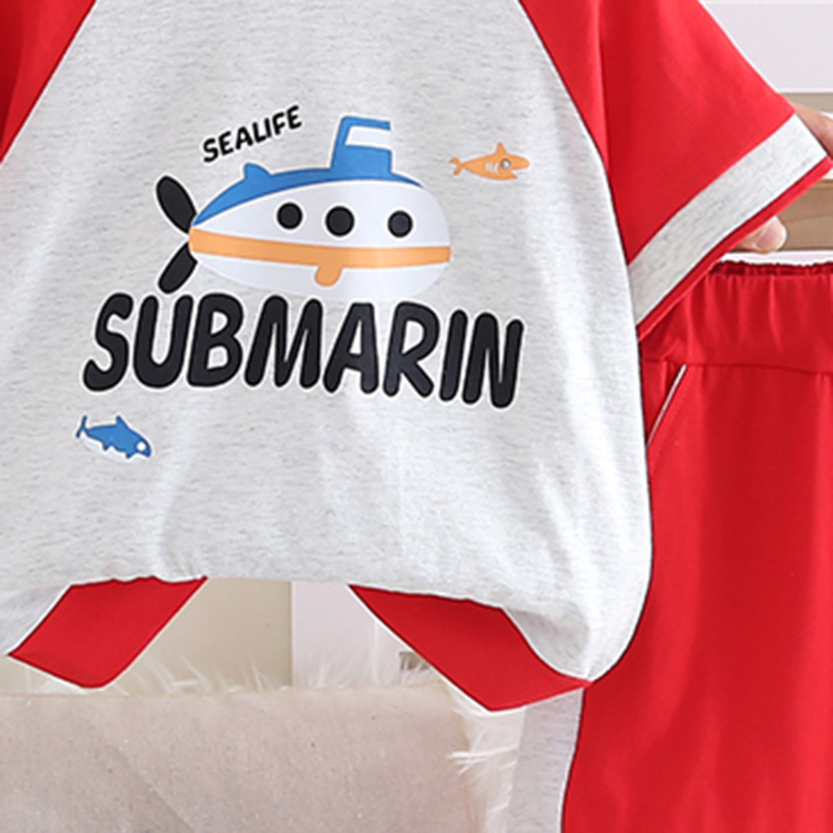 Boys Red Submarine Printed Raglan Sleeves T-Shirt With Shorts Set 2 pc. Sets