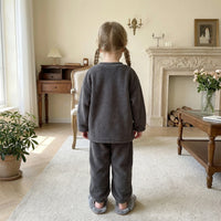 Girls Dark Grey Typographic Embroidered Long Sleeves Top With Pants Sets Sets
