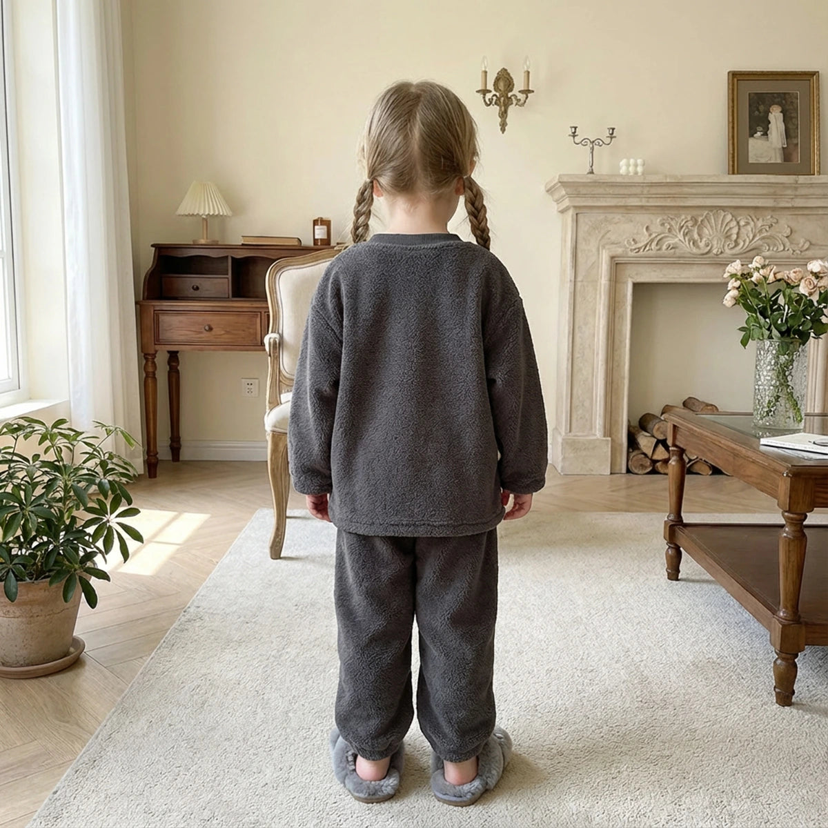 Girls Dark Grey Typographic Embroidered Long Sleeves Top With Pants Sets Sets