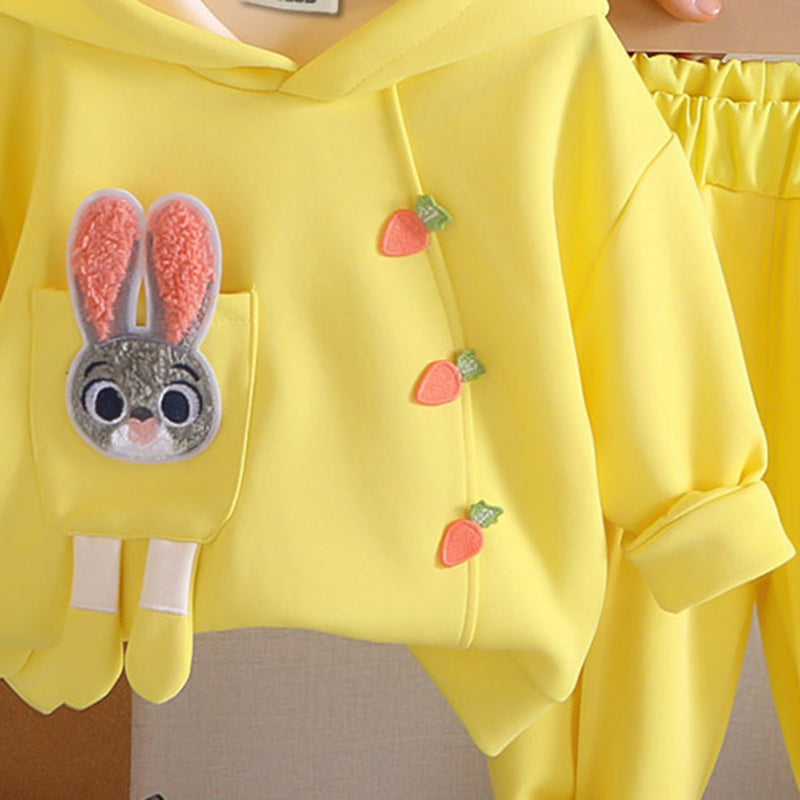 Girls Yellow Solid Rabbit Applique Hooded Sweatshirt With joggers Set 2 pc. Sets