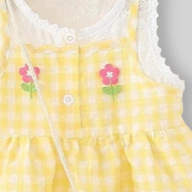 Girls Yellow Checked Sleeveless A-line Dress With Sling Bag Casual Dresses
