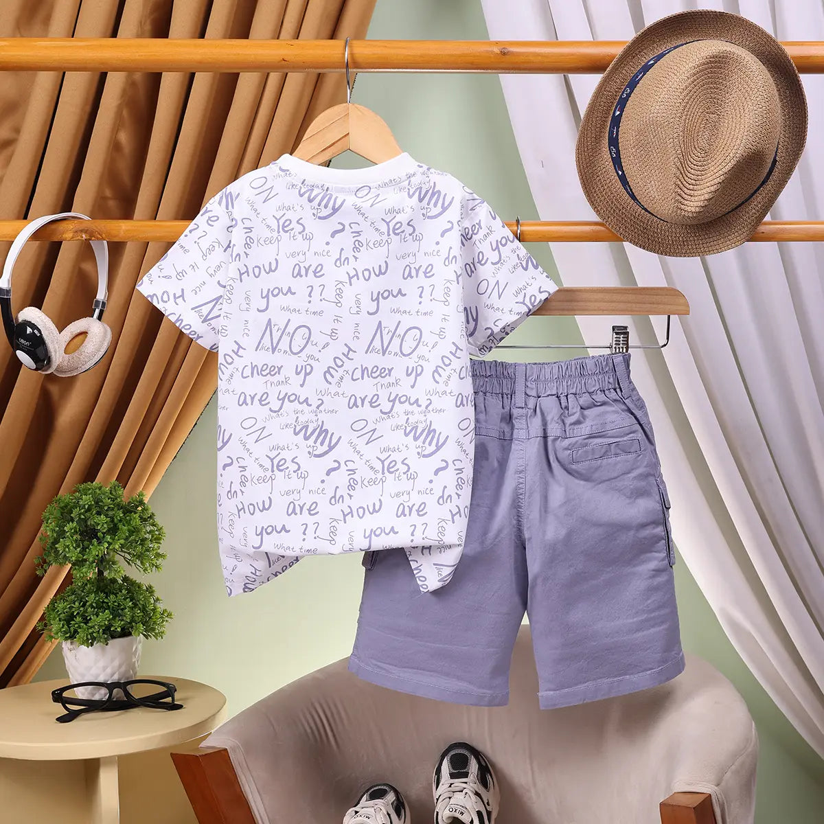 Boys Grey Typographic Printed Short Sleeve T-Shirt With Elasticated Shorts Sets 2 pc. Sets