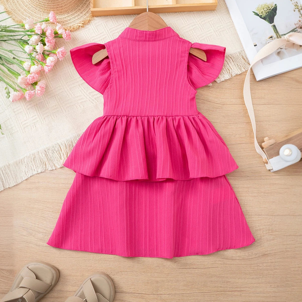 Girls Fuchsia Self Stripes Layered Dress With Button Details Casual Dresses