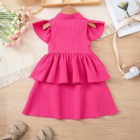 Girls Fuchsia Self Stripes Layered Dress With Button Details Casual Dresses