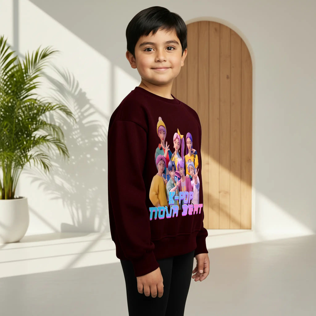 Boys Maroon K-Pop Nova Beat Graphics Crew Neck Sweatshirt Sweatshirts & Hoodies