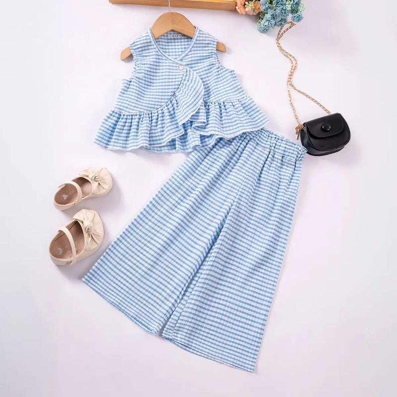 Girls Light Blue Checked Sleeveless Top With Pants Co-ord Sets Sets Light Blue 1-2 Y