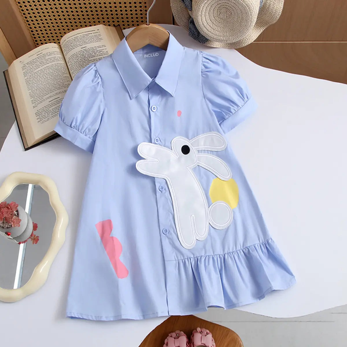 Girls Blue Bunny Applique Short Sleeve Shirt Dress Casual Dresses Blue 1-2 Y