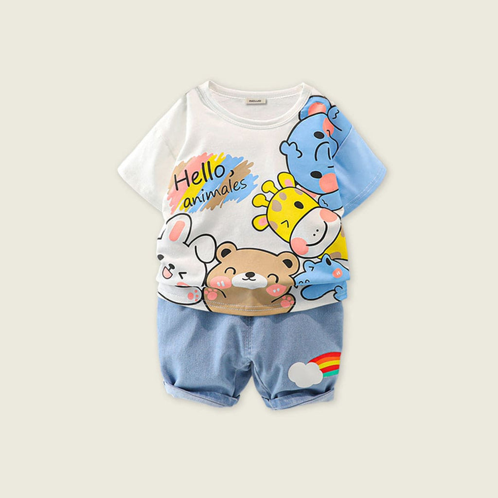 Boys White Short Sleeve Cartoon Graphic T-Shirt With Denim Shorts Sets White 1-2 Y 