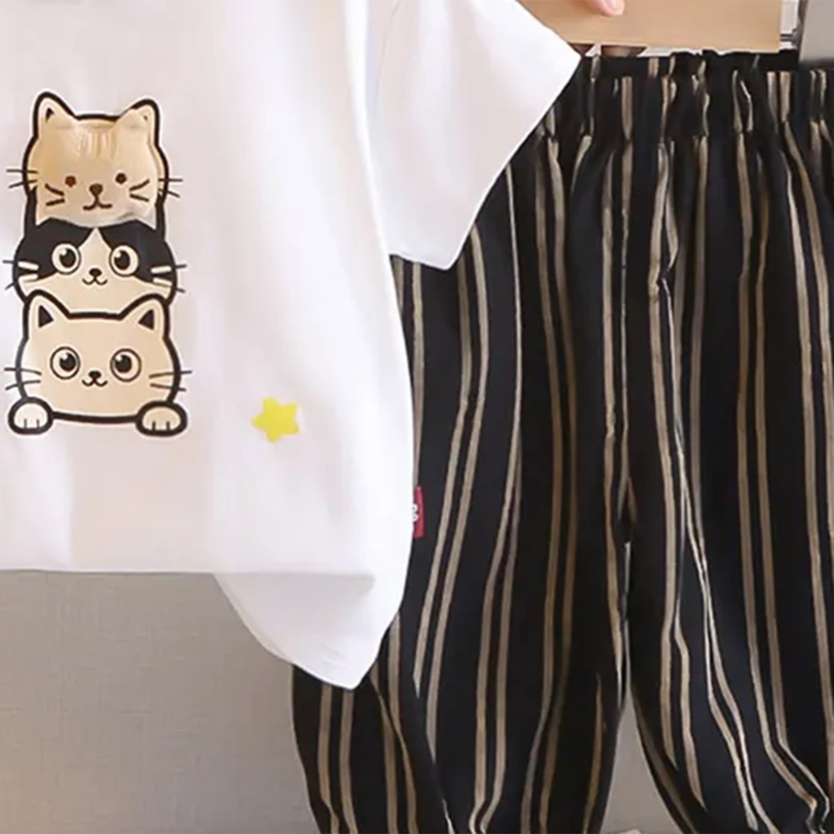 Boys White Cat Printed T-Shirt With Stripe Pants Sets Sets