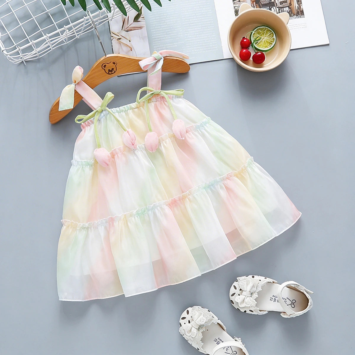 Girls Green Sleeveless Tiered Dress With Bow Details Casual Dresses Green 1-2 Y