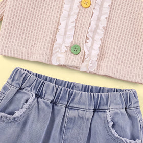 Girls Apricot Textured Long Sleeve Cardigan With Denim Pants Sets 2 pc. Sets
