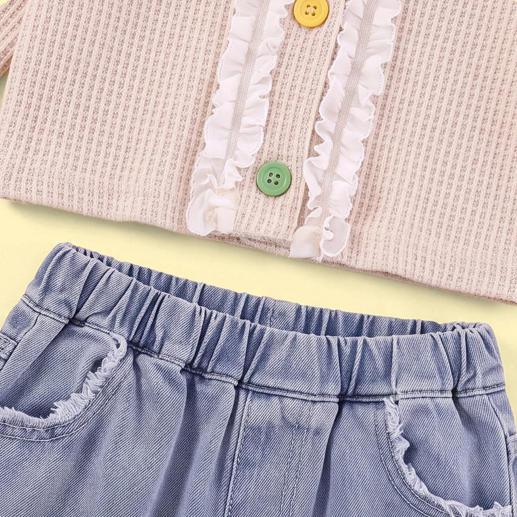 Girls Apricot Textured Long Sleeve Cardigan With Denim Pants Sets 2 pc. Sets