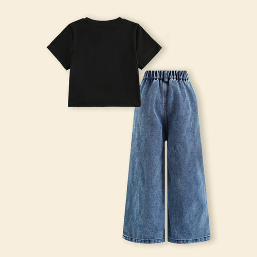 Girls Black Heart Print Short Sleeves T-Shirt With Denim Wide-Leg Pants Set Sets