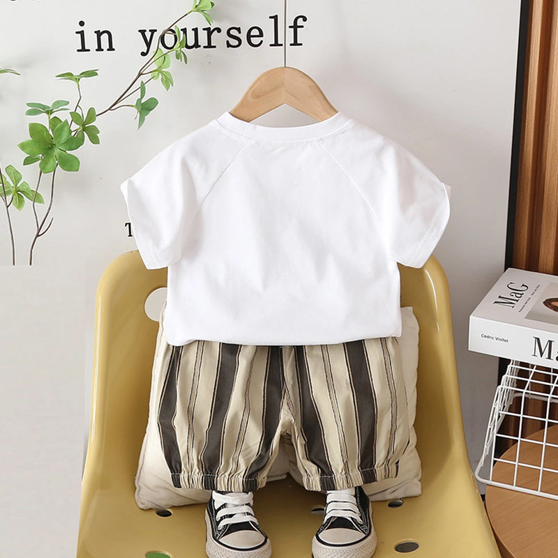 Boys White Zebra Printed T-Shirt With Stripes Shorts Set Sets