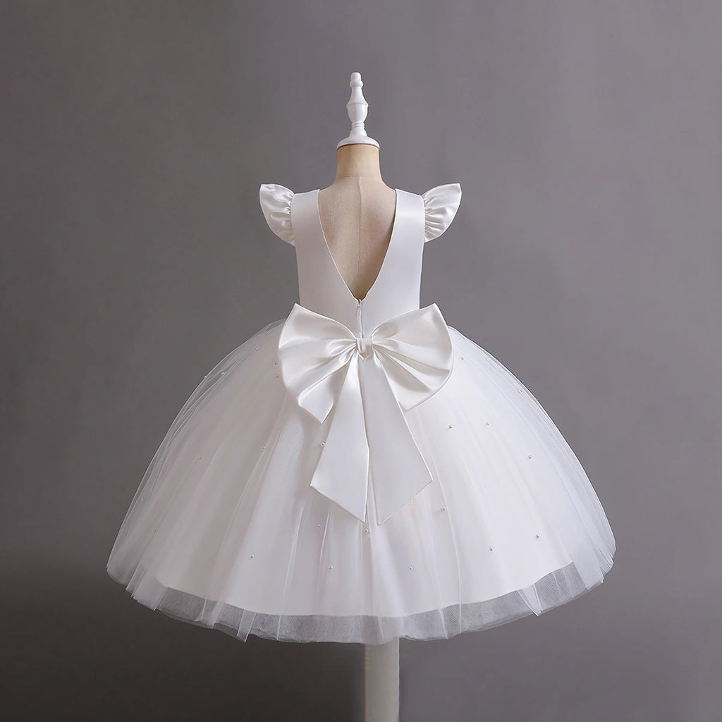 Girls White Pearl-Embellished Flutter Sleeve Party Wear Dress Party Dresses