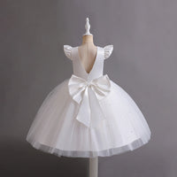 Girls White Pearl-Embellished Flutter Sleeve Party Wear Dress Party Dresses
