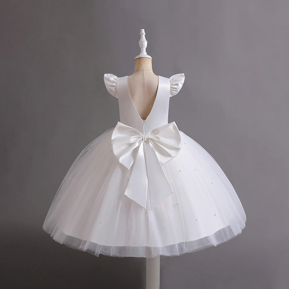 Girls White Pearl-Embellished Flutter Sleeve Party Wear Dress Party Dresses