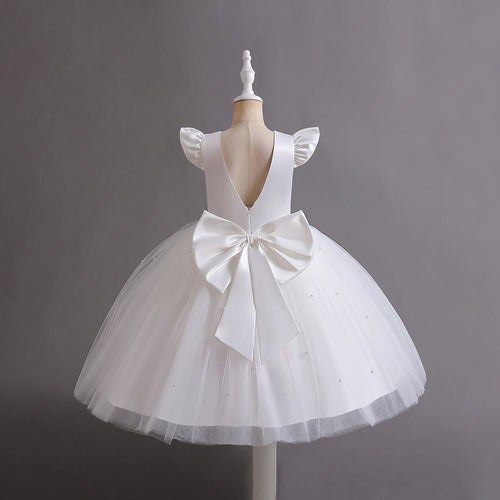 Girls White Pearl-Embellished Flutter Sleeve Party Wear Dress Party Dresses