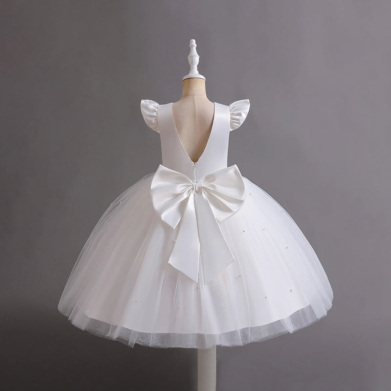 Girls White Pearl-Embellished Flutter Sleeve Party Wear Dress Party Dresses