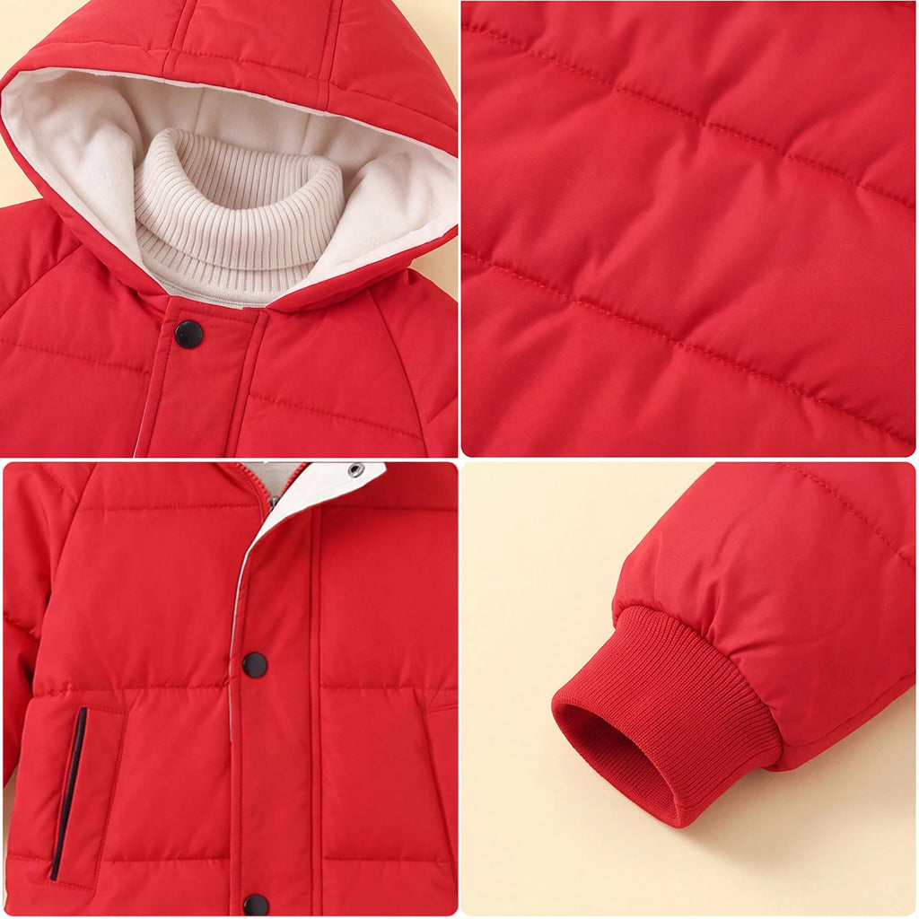 Girls Red Solid Puffer Hooded Long Jacket Coats & Jackets