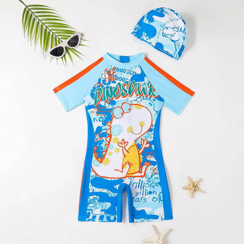Boys Blue Graphics Short Sleeves Swimwear Bodysuit & Swim Cap Beachwear Blue 3-4 Y