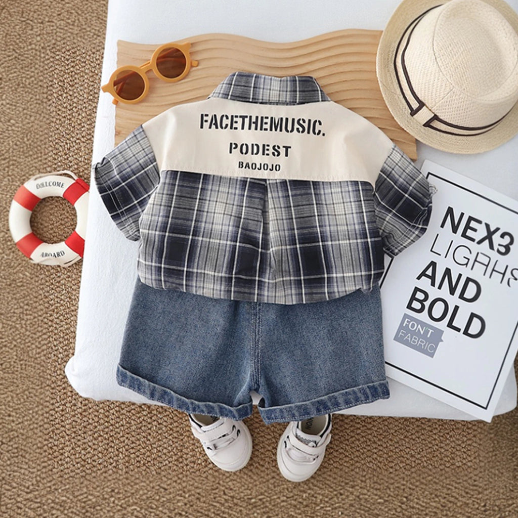 Boys Black Checked Shirt With Printed T-Shirt & Denim Shorts Set Sets