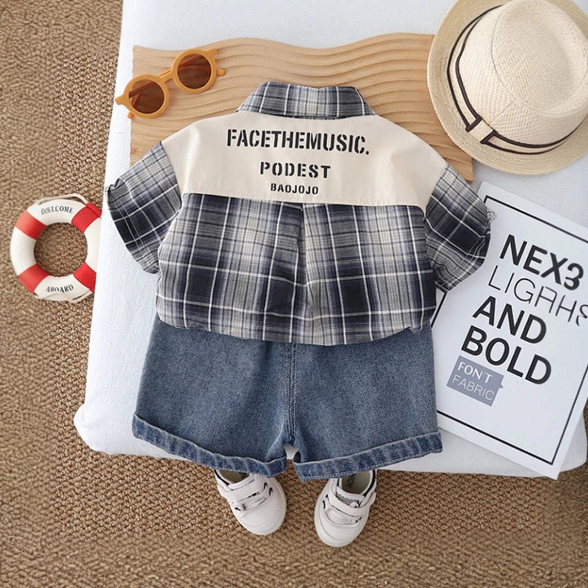 Boys Black Checked Shirt With Printed T-Shirt & Denim Shorts Set Sets