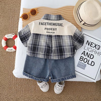Boys Black Checked Shirt With Printed T-Shirt & Denim Shorts Set Sets