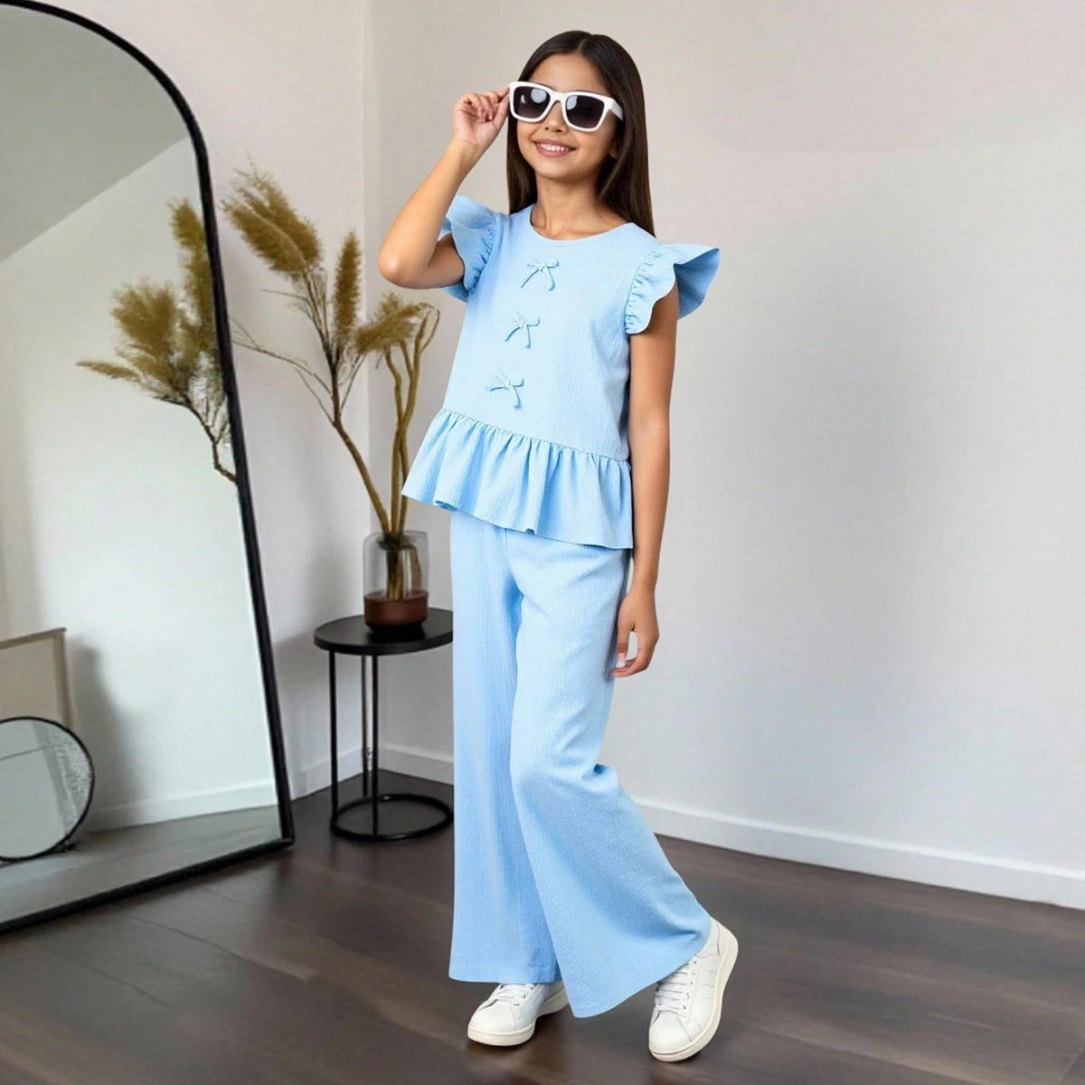 Girls Sky Blue Bow Applique Peplum Top & Pants Co-ord Sets Sets
