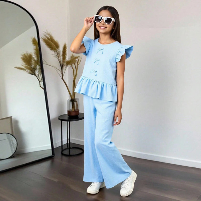 Girls Sky Blue Bow Applique Peplum Top & Pants Co-ord Sets Sets