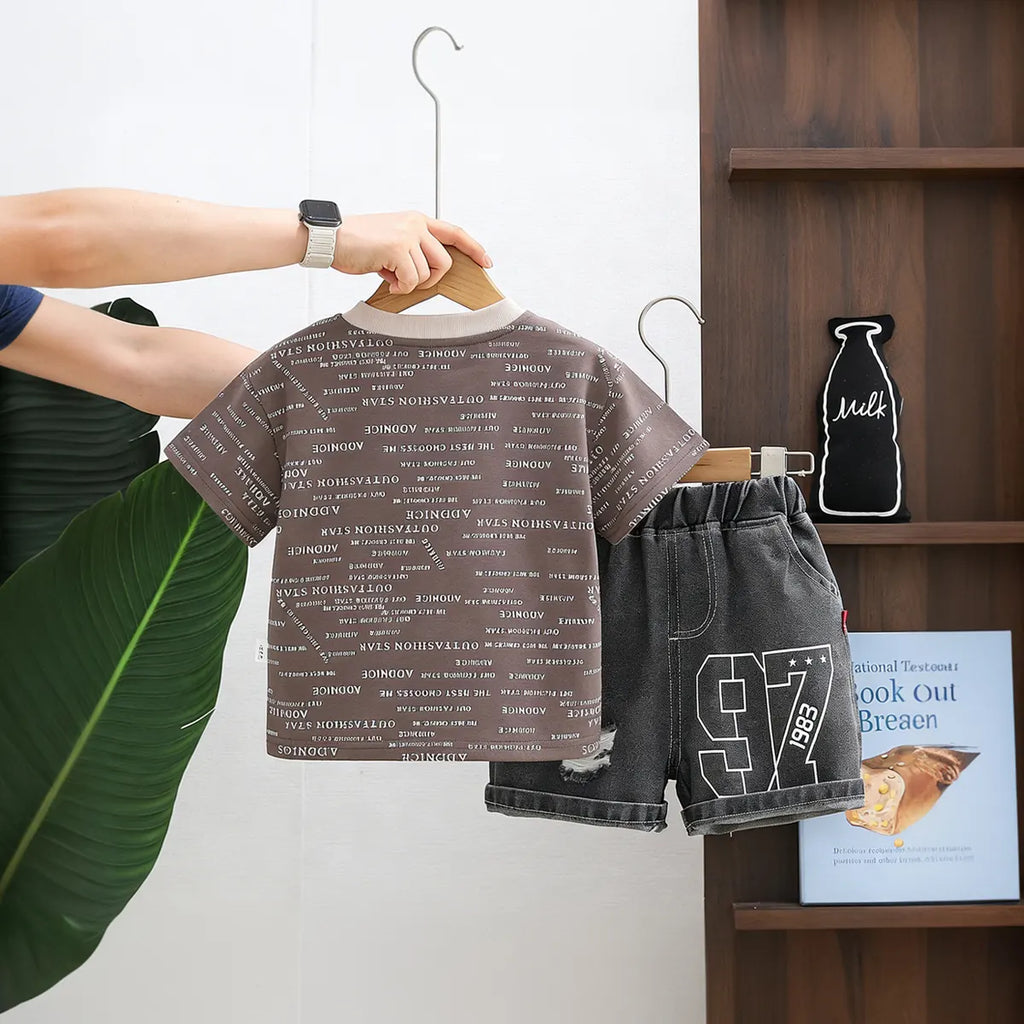 Boys Brown Typographic Print T-Shirt With Denim Shorts Set Sets