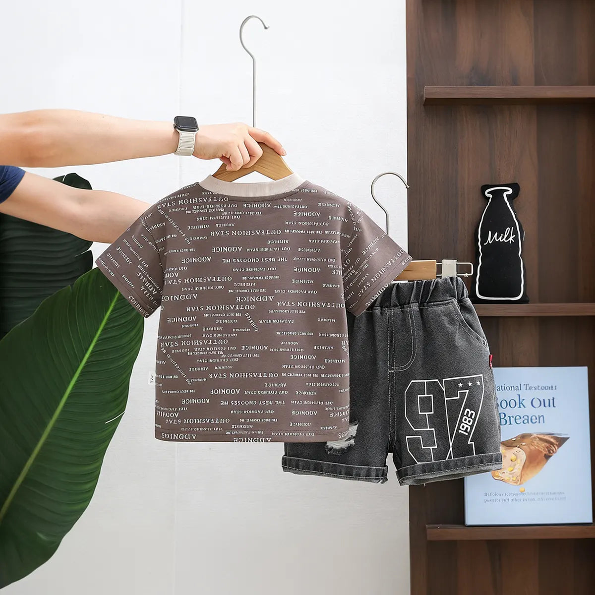 Boys Brown Typographic Print T-Shirt With Denim Shorts Set Sets