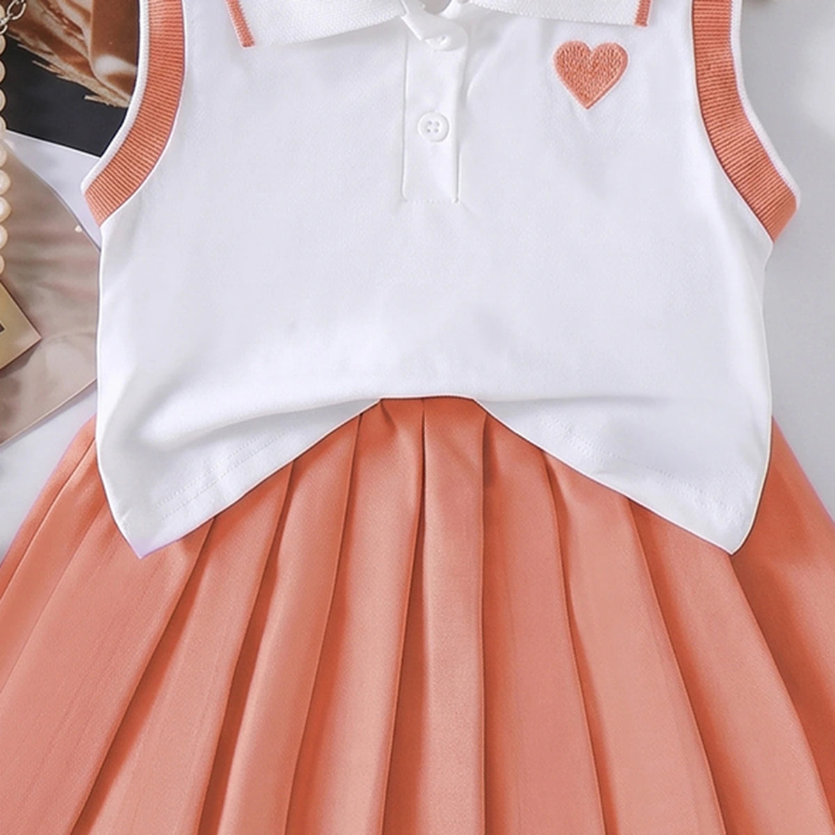 Girls Heart Embroidered Polo Top With Peach Pleated Skirt Sets 2 pc. Sets