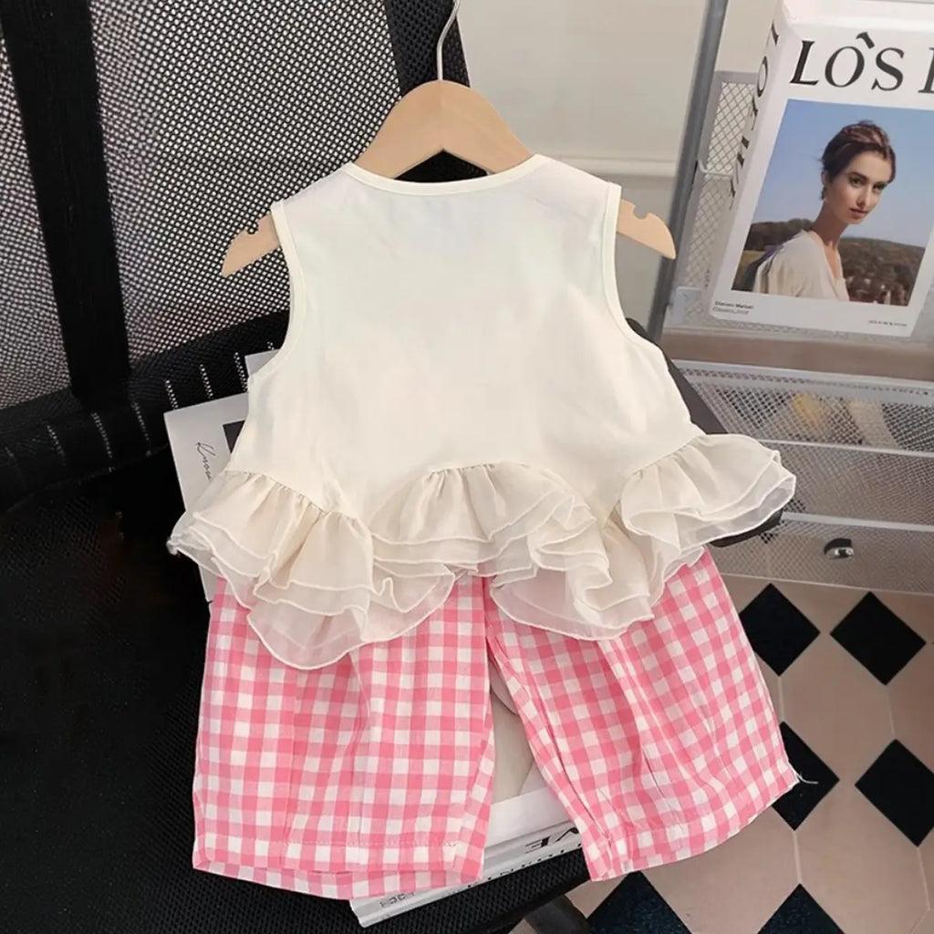 Girls Pink Rabbit Printed Sleeveless Top With Checked Crop Pants Set Sets