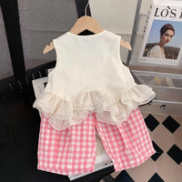 Girls Pink Rabbit Printed Sleeveless Top With Checked Crop Pants Set Sets