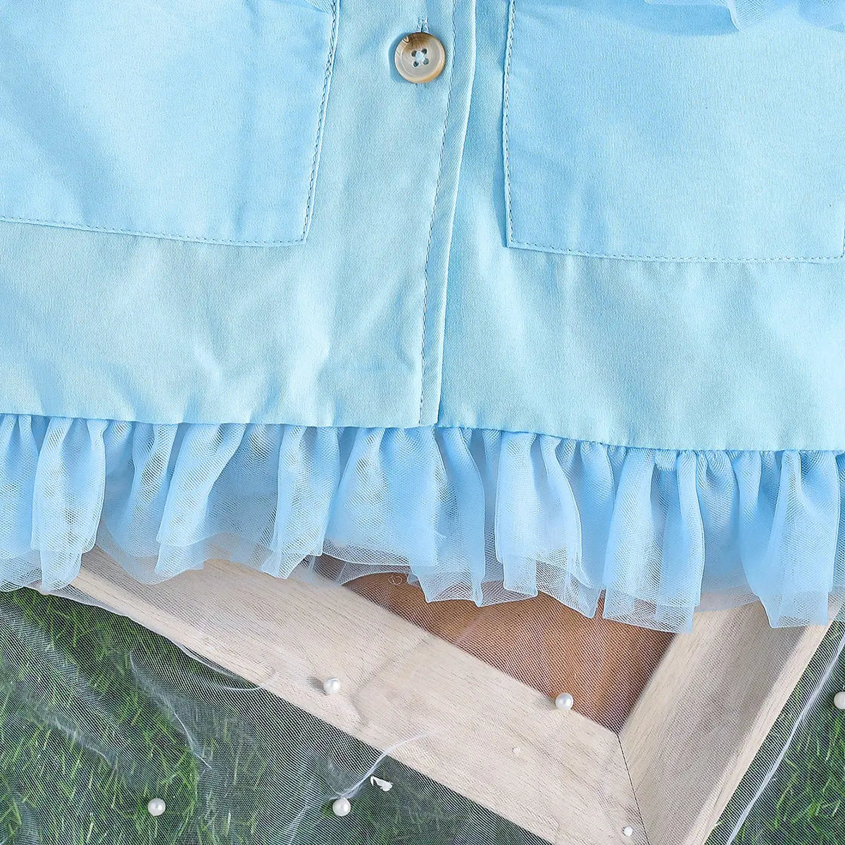 Girls Light Blue Sleeveless Blazer Dresses With Tulle Ruffles Hem Casual Dresses