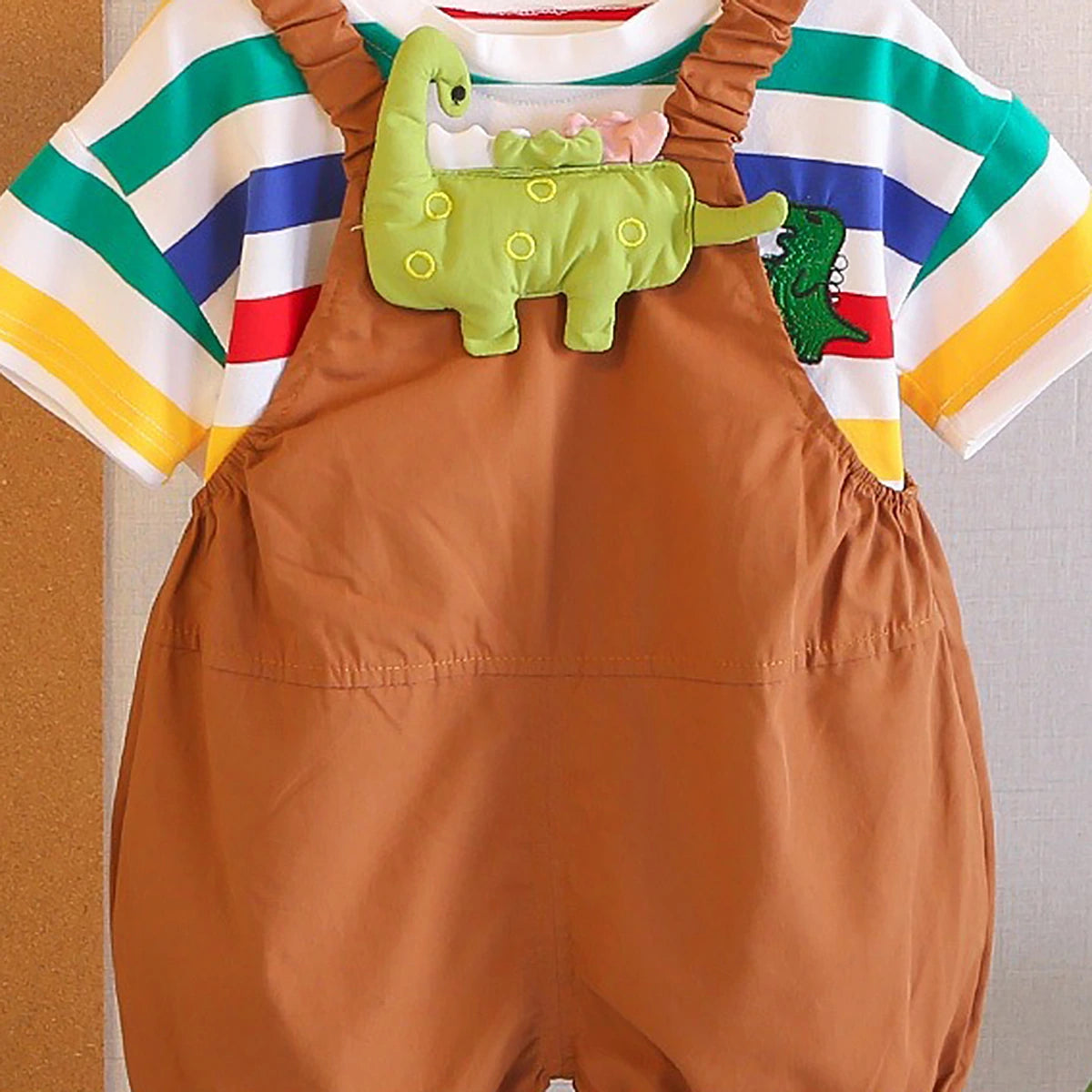 Boys Dinosaur Applique Short Sleeve Striped T-Shirt With Brown Dungaree Sets 2 pc. Sets