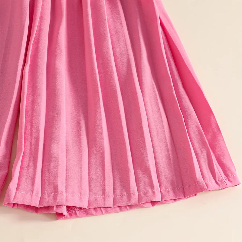 Girls Pink Sleeveless Vest With Pleated Flared Pants Set Sets