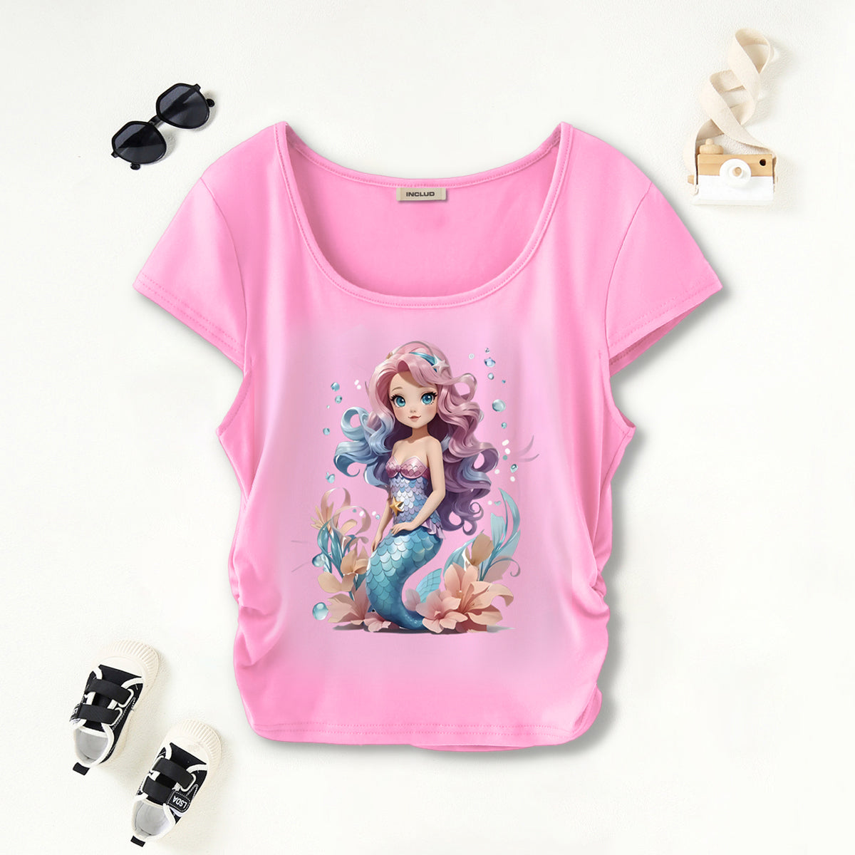 Girls Light Pink Mermaid Print Short Sleeves Scoop Neck T-Shirt Tshirts Light Pink 7-8 Y