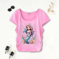 Girls Light Pink Mermaid Print Short Sleeves Scoop Neck T-Shirt Tshirts Light Pink 7-8 Y