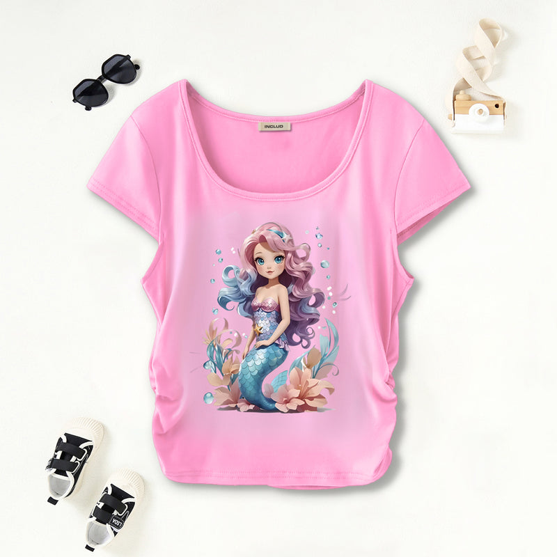 Girls Light Pink Mermaid Print Short Sleeves Scoop Neck T-Shirt Tshirts Light Pink 7-8 Y