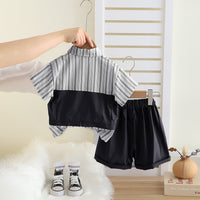 Boys Black Striped Short Sleeves Shirt With T-Shirt And Shorts Set Sets