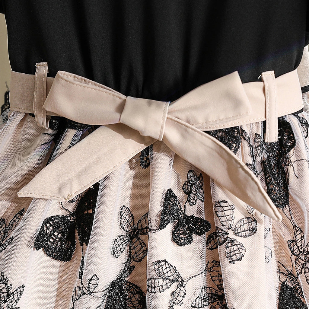 Girls Black Butterfly Printed Flutter Sleeve Fit & Flare Dress Casual Dresses