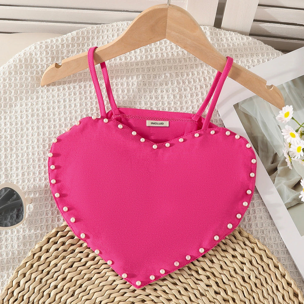 Girls Fuchsia Heart Shape Pearl Embellished Crop Top With Shorts Set Sets
