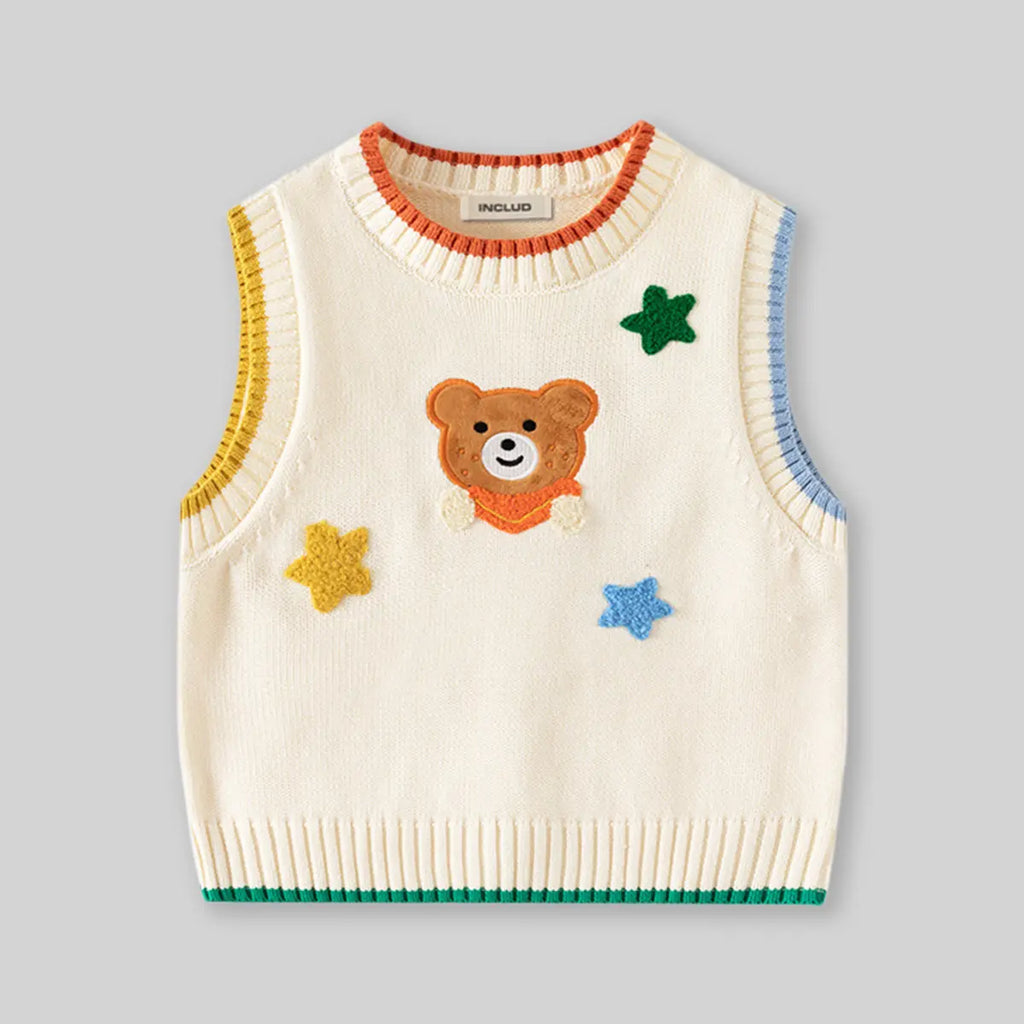 Girls Off White Bear Face Applique Sweater Vest Sweaters & Cardigans